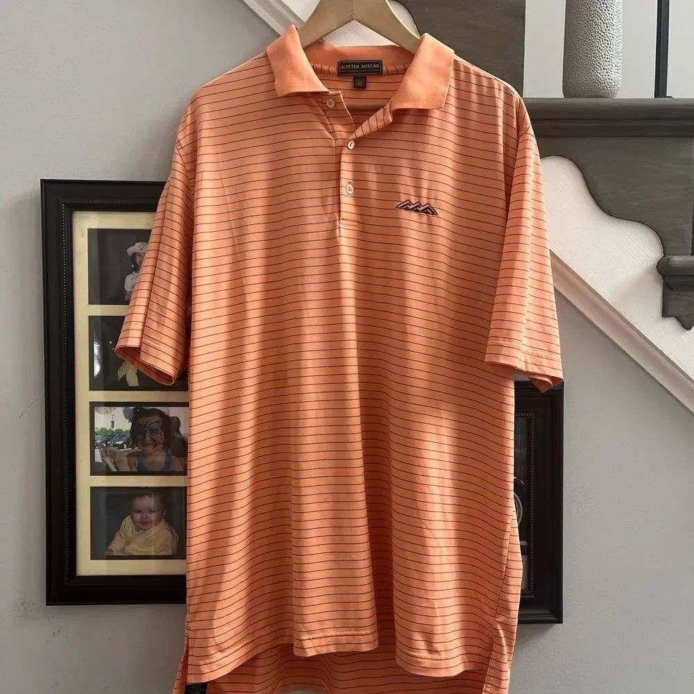 Peter Millar Summer Comfort Peach & Purple Stripe Polo Shirt sz L EUC
